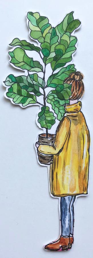 Girl with fiddle leaf fig painting