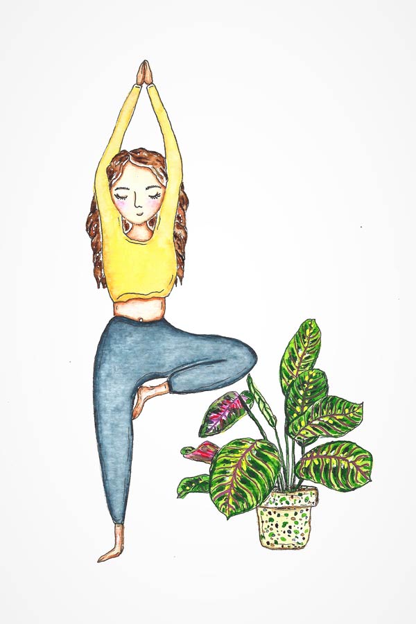 Girl stretching with prayer plant