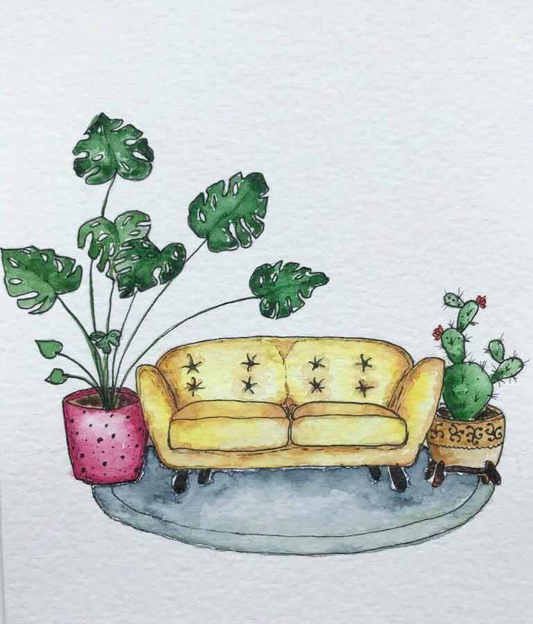 Home setting watercolor painting