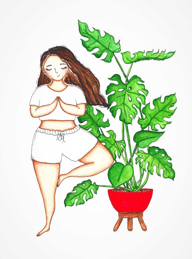 lady doing yoga with monstera