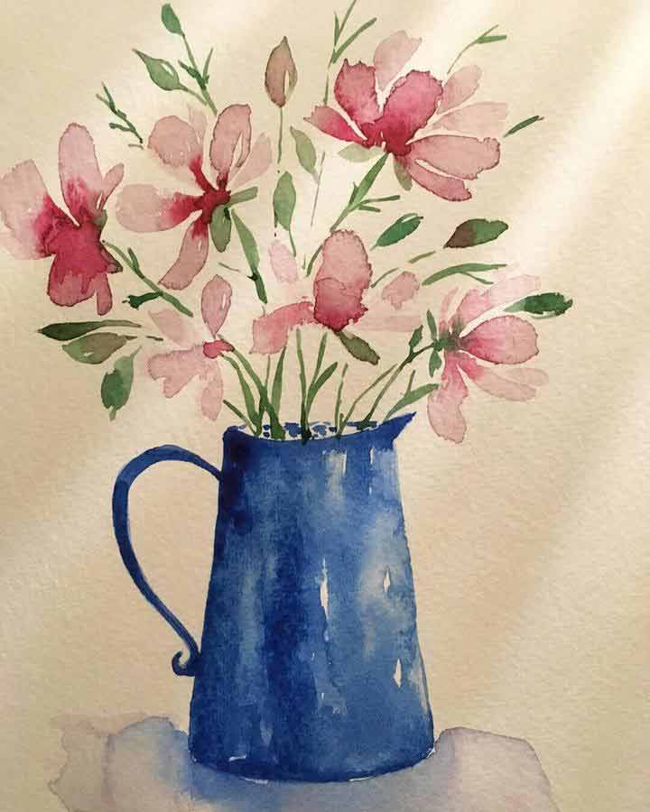 aquarelle painting teapot flower bouquet