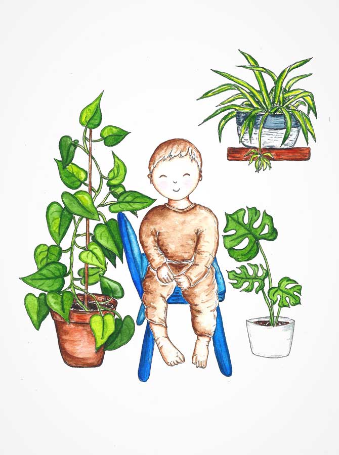 Kid surrounded by plants