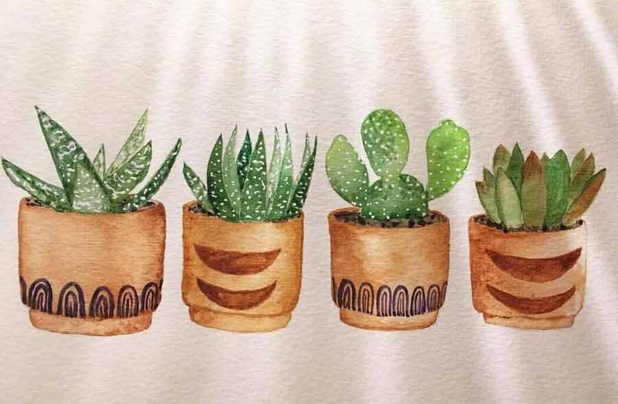 watercolor potted cactus