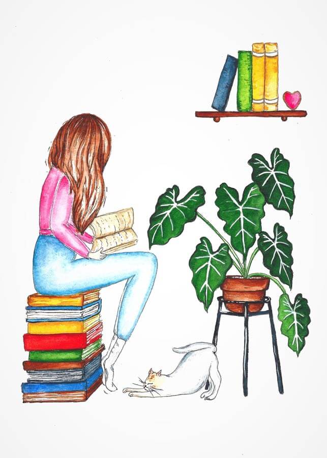 woman reading book with plant and cat