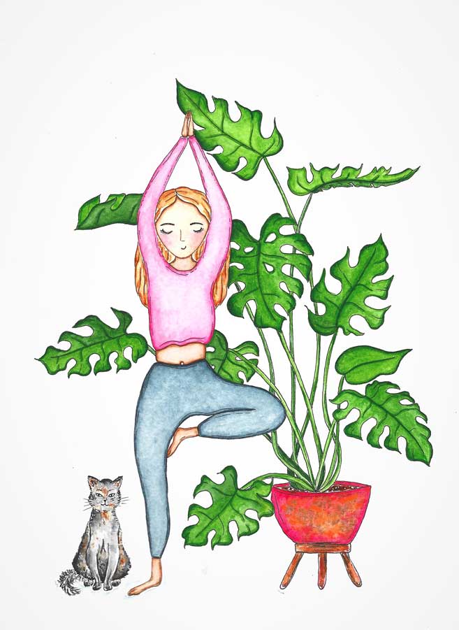 yoga pose with cat and monstera plant