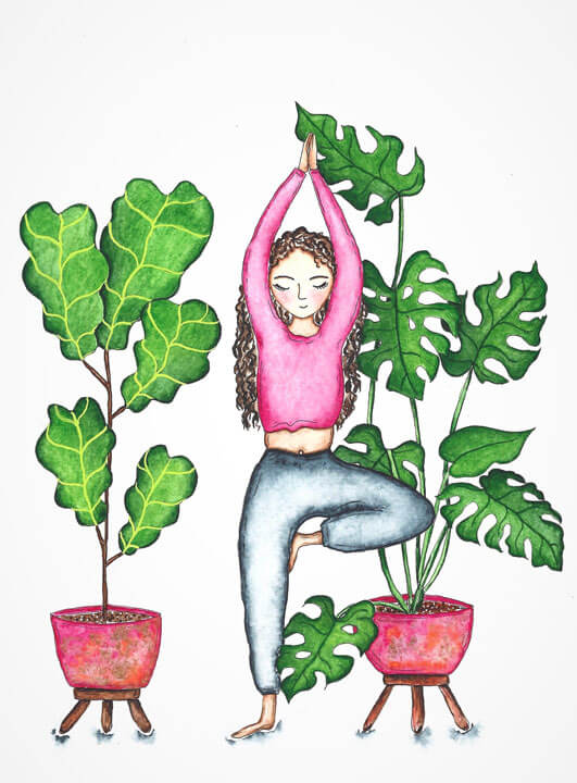 curly girl stretching with plants